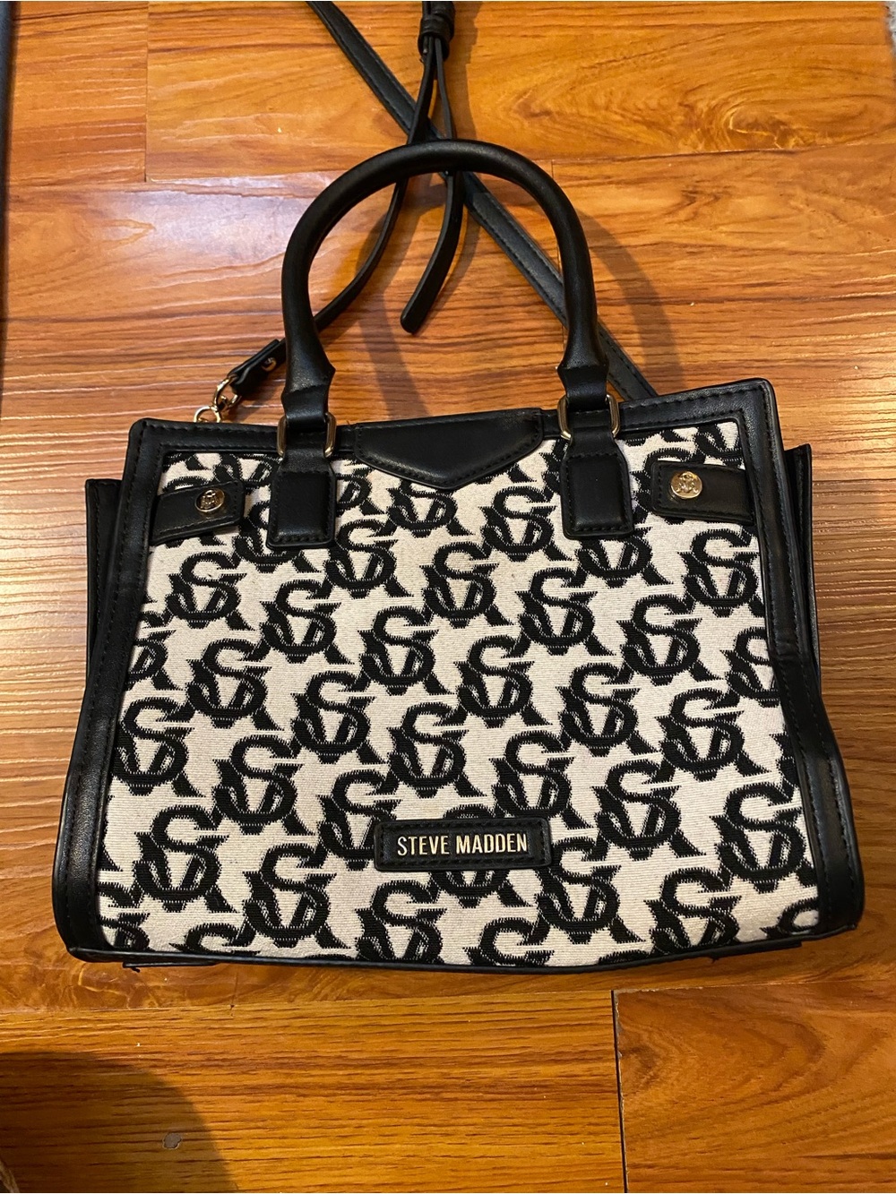 Steve Madden Black and Cream Logo Jacquard Satchel
